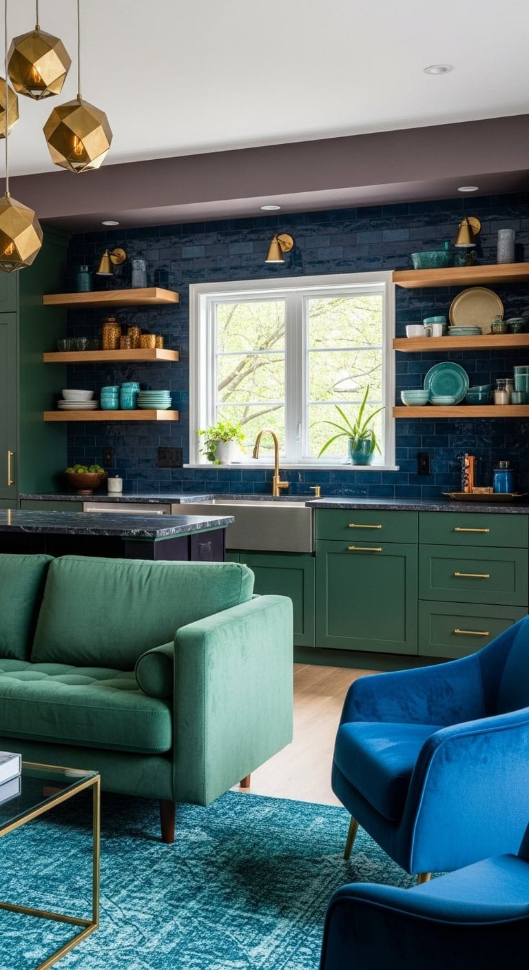 jewel toned open concept living space