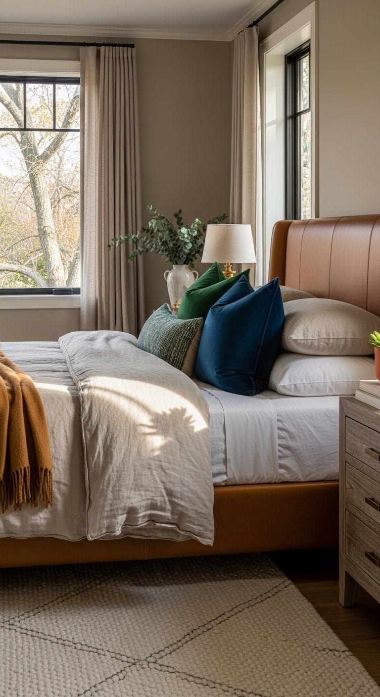 jewel toned velvet accents beige bedding