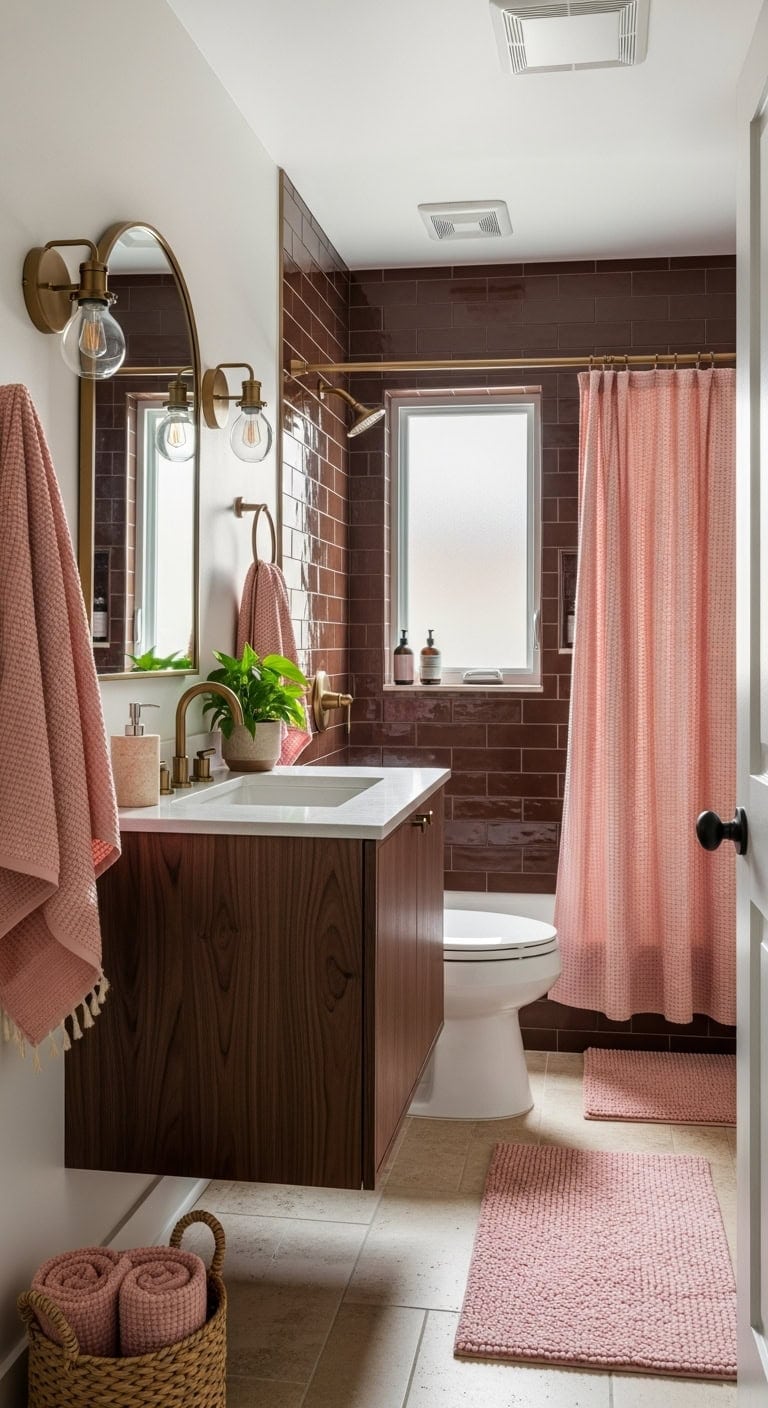 layer pink textiles in brown bathroom