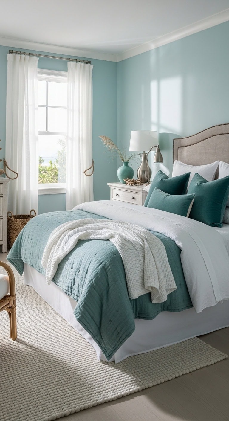 layered aqua and white bedding