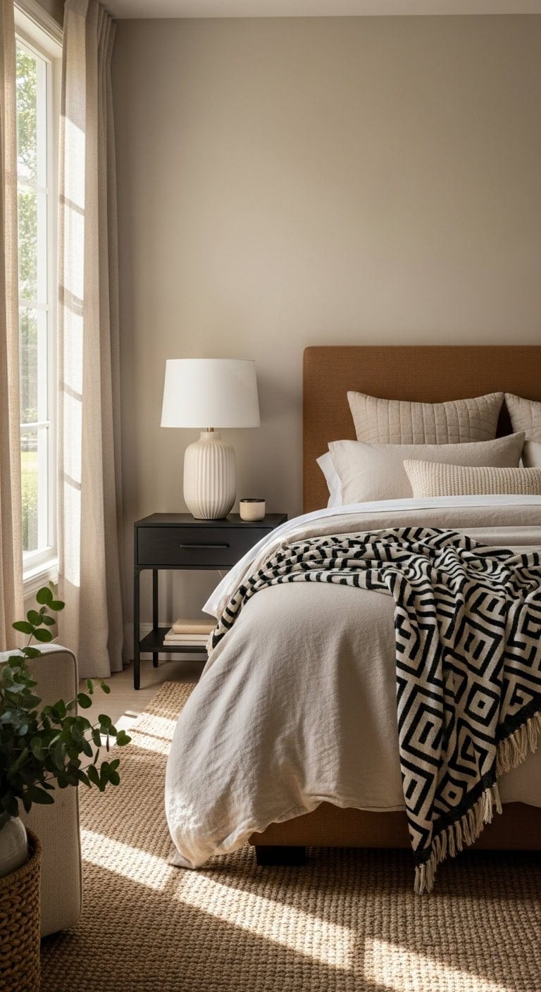 layered neutral bedroom with bold accents