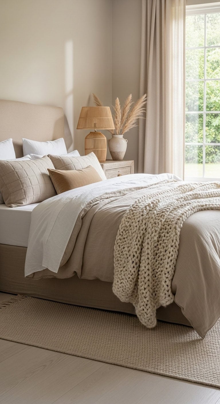 layered neutral toned bedding invites relaxation