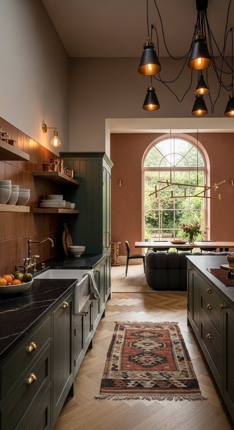 layered open concept lighting and decor