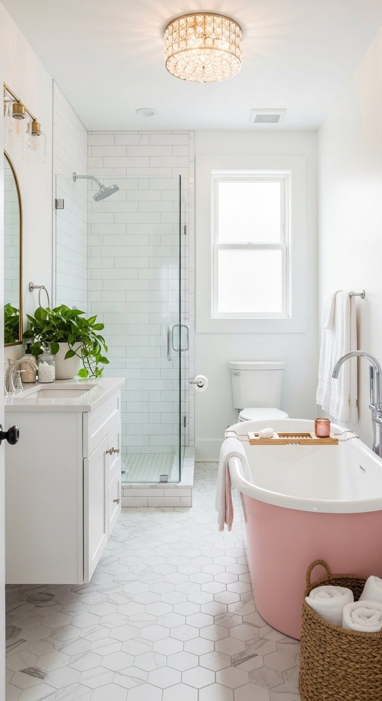 luxurious baby pink freestanding tub centerpiece