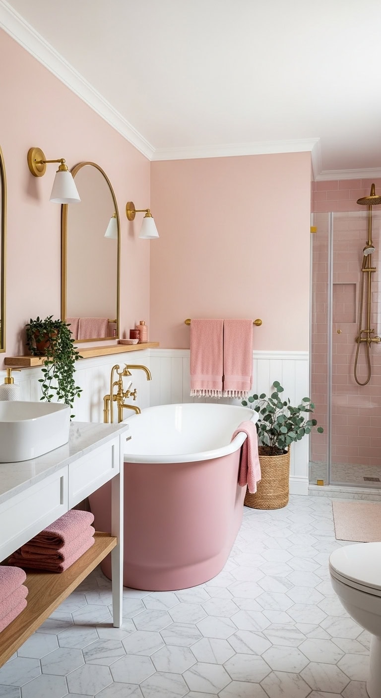luxurious blush pink freestanding bathroom retreat