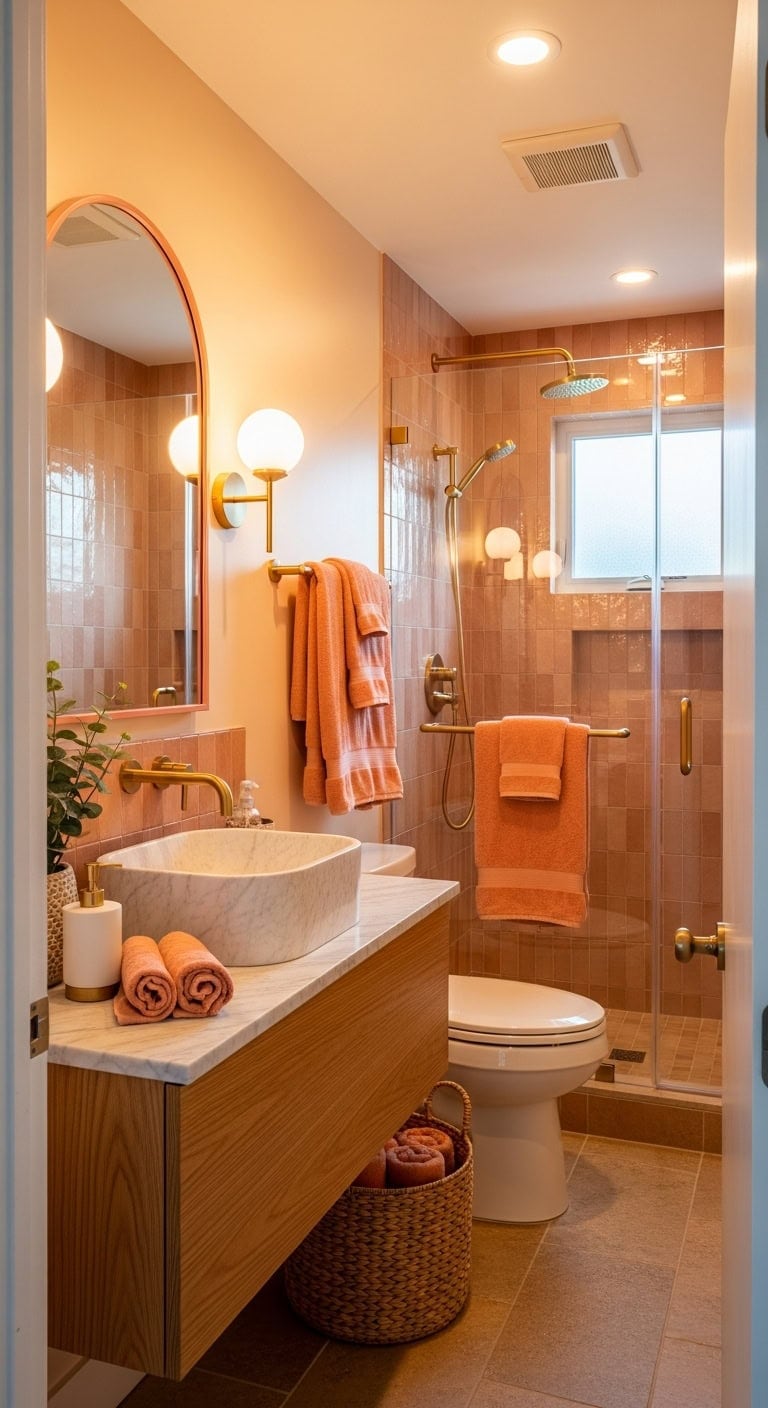 luxurious peach and gold bathroom retreat