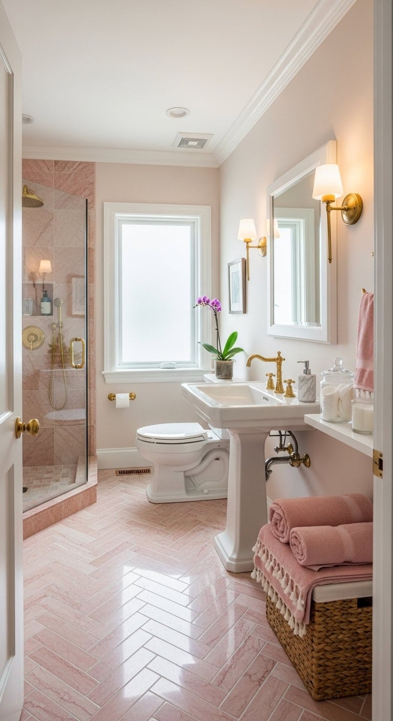 luxurious pink marble herringbone bathroom