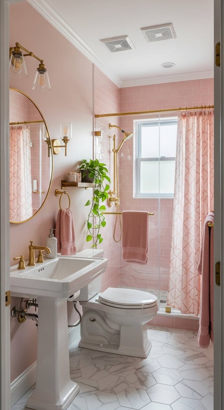luxurious small pink and gold bathroom