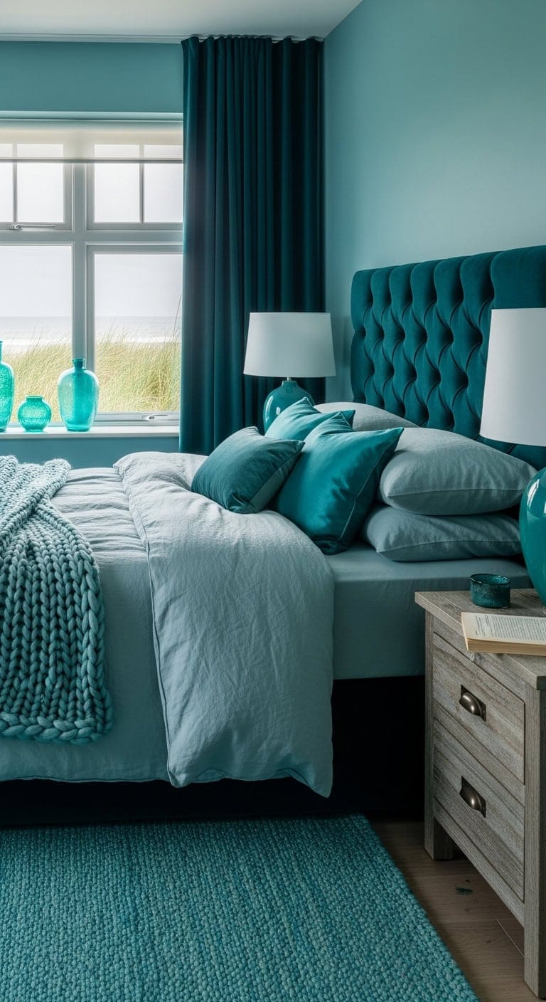 luxuriously layered aqua monochrome sanctuary
