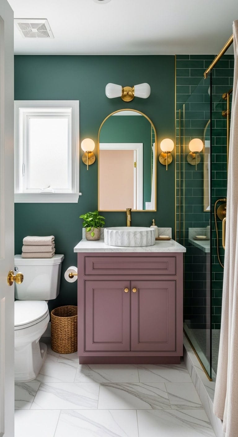 mauve vanity nature inspired bold color dramatic statement