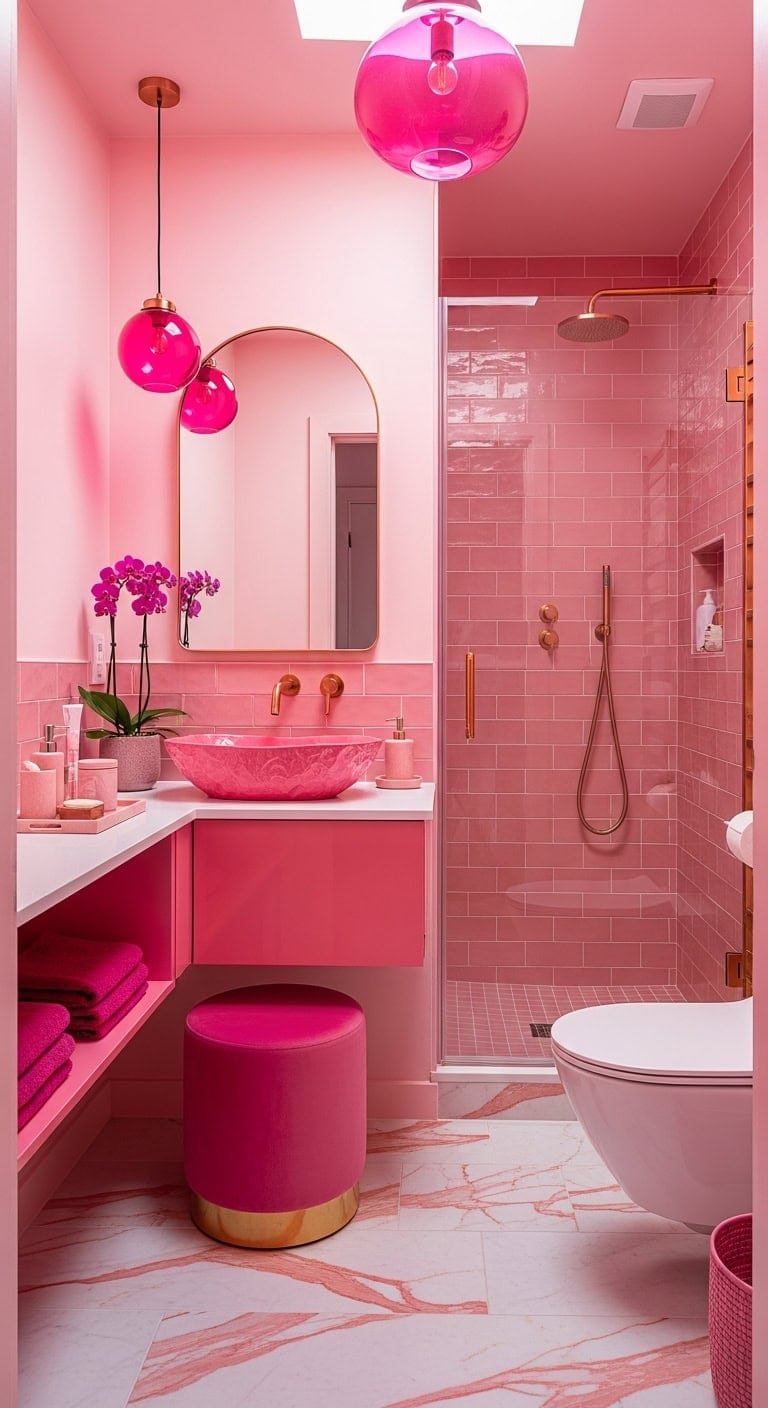 maximalist pink bathroom theatrical immersion