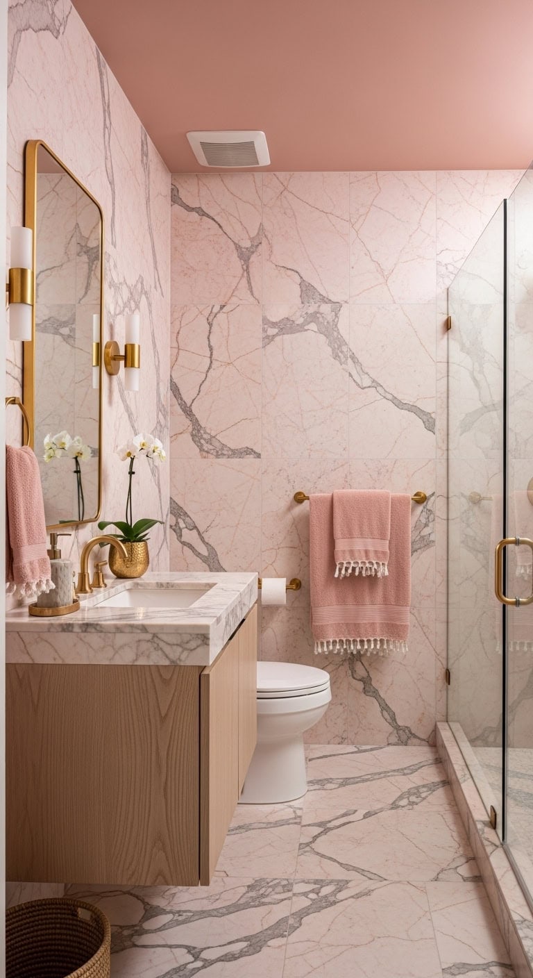 maximalist pink marble bathroom statement