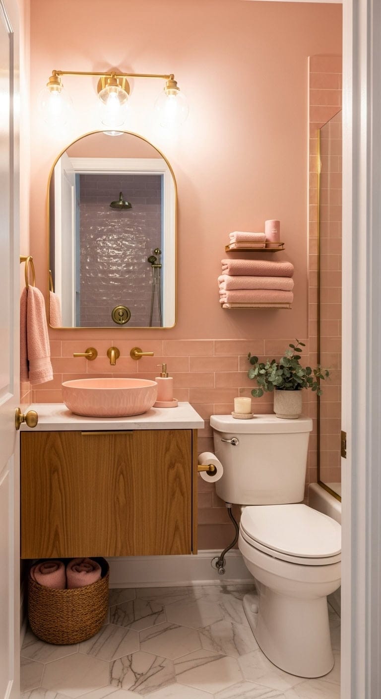 millennial pink sophisticated brass bathroom