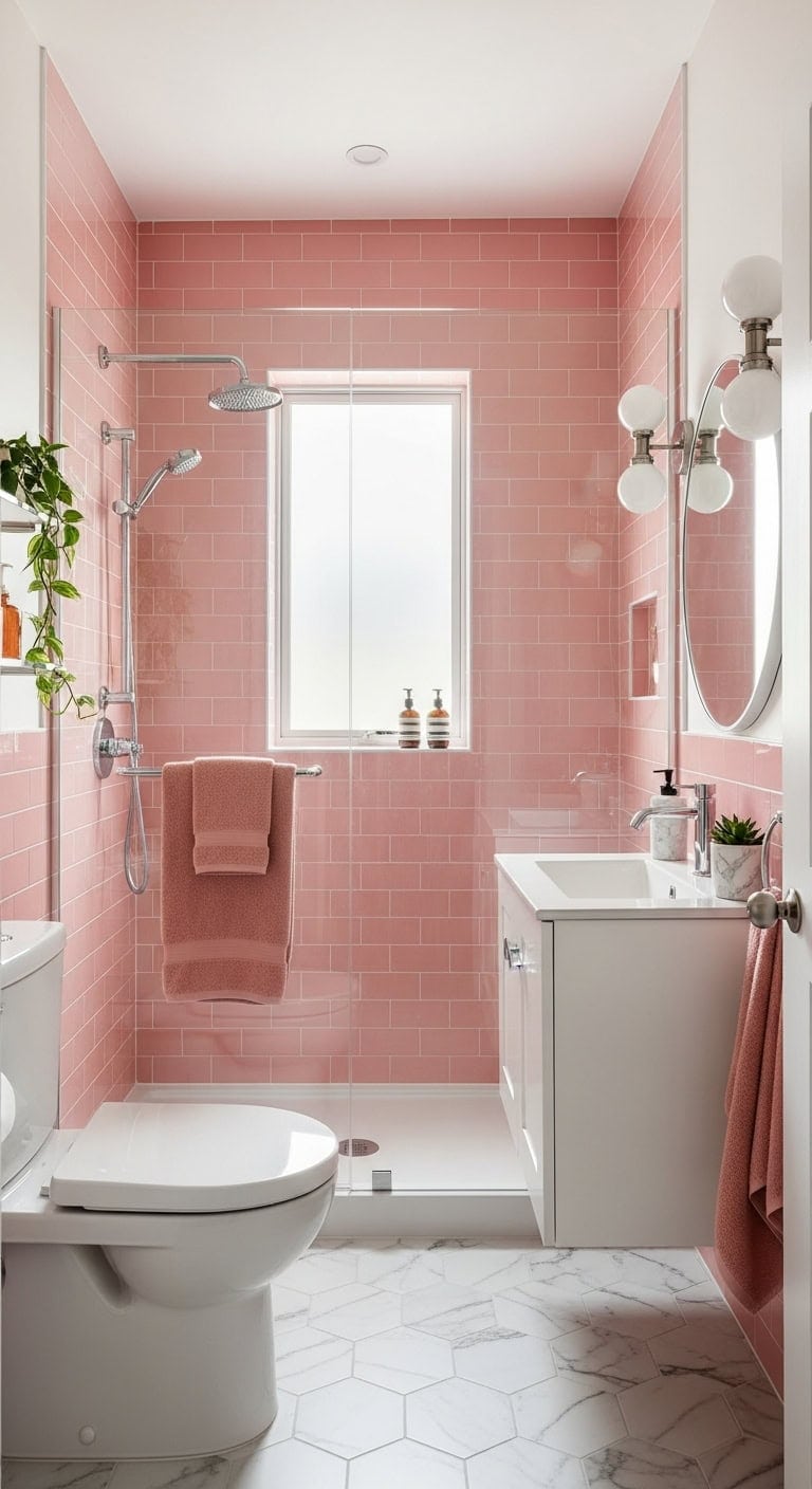 millennial pink subway tile bathroom bliss