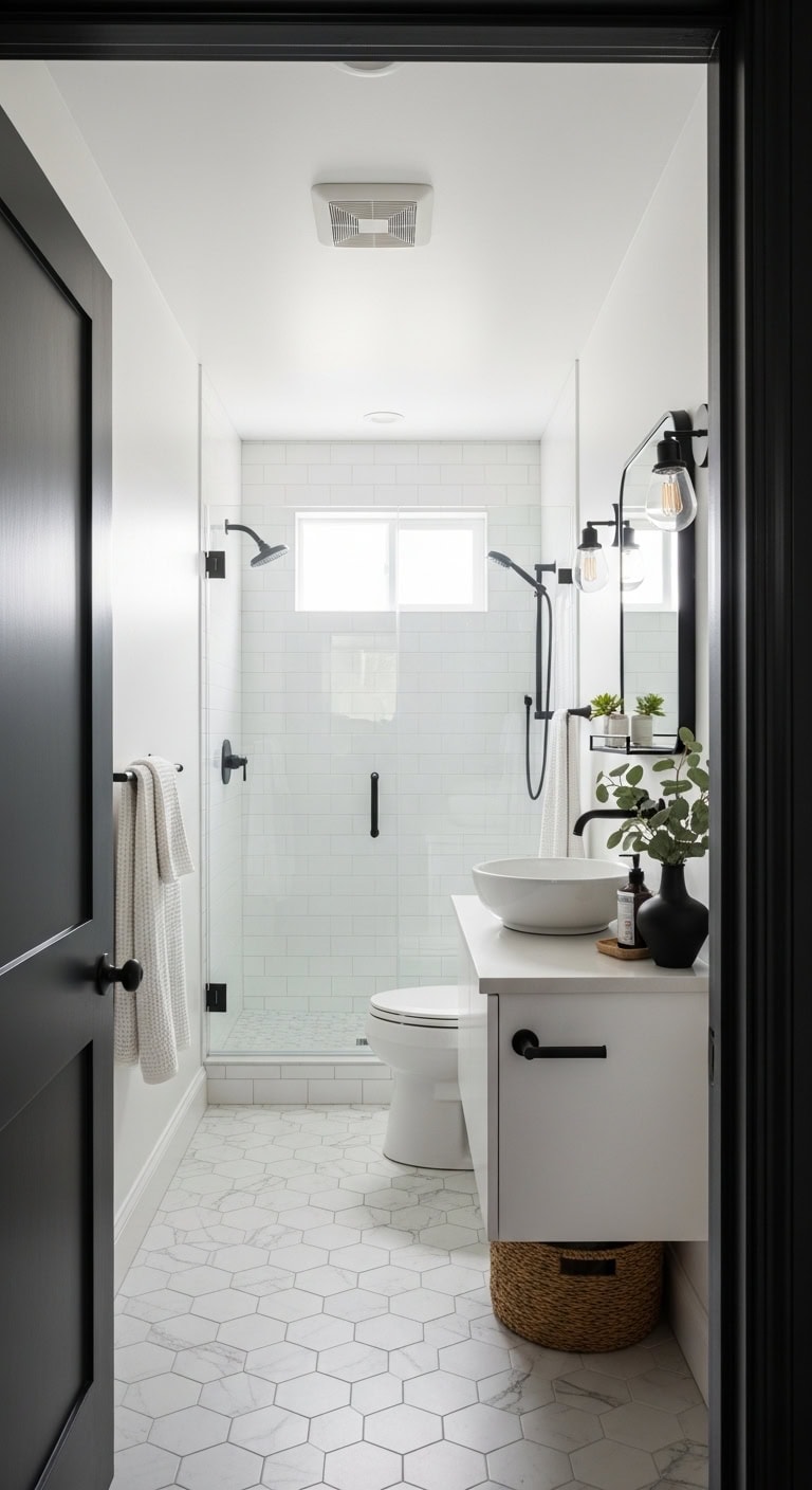 minimalist mirrors maximize narrow bathroom spaces