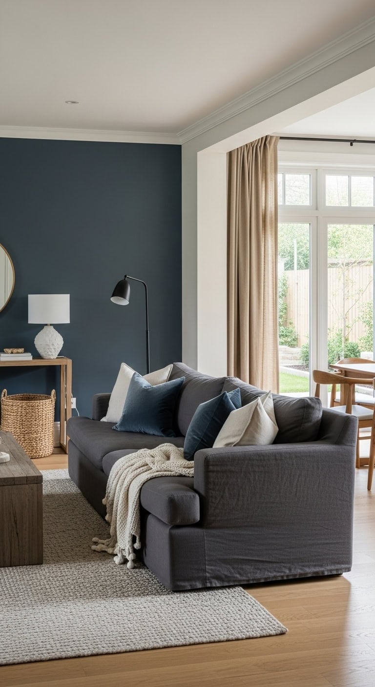 moody blue gray defines open concept living space