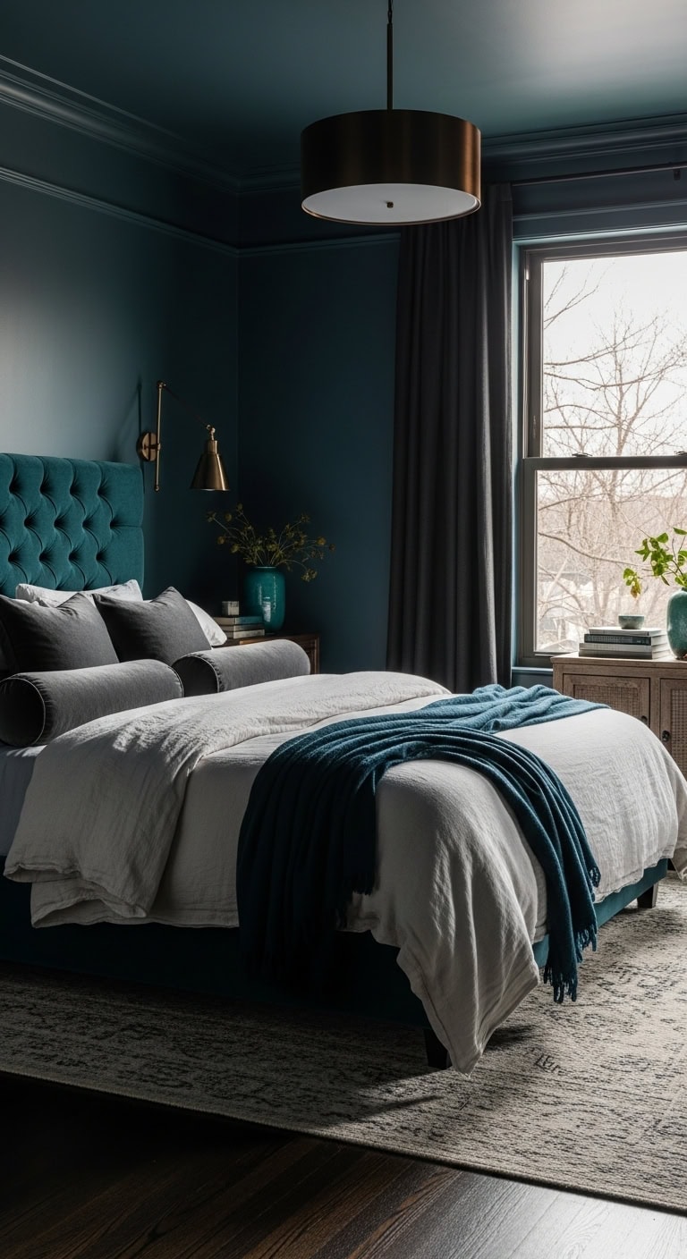 moody dramatic deep aqua bedroom retreat