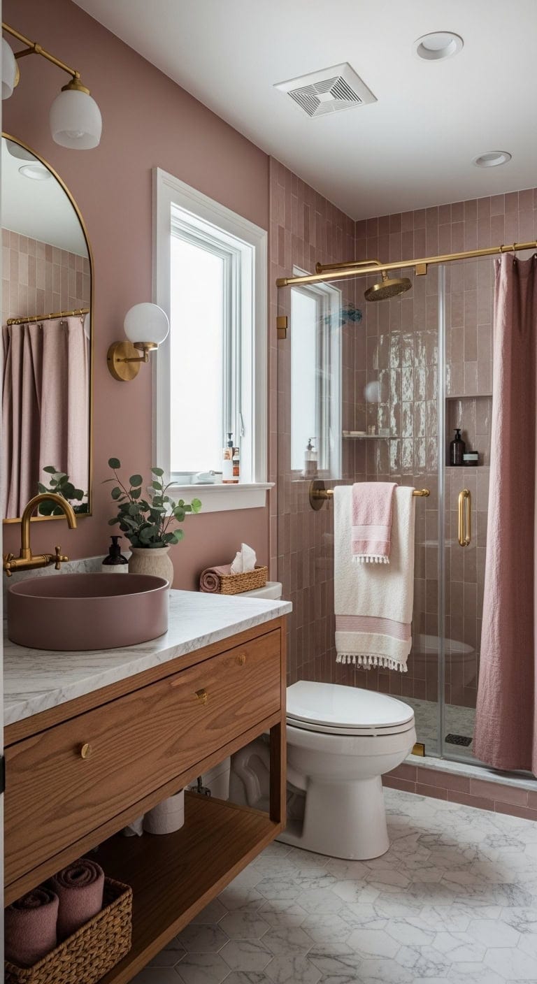 muted mauve brass accented bathroom sanctuary