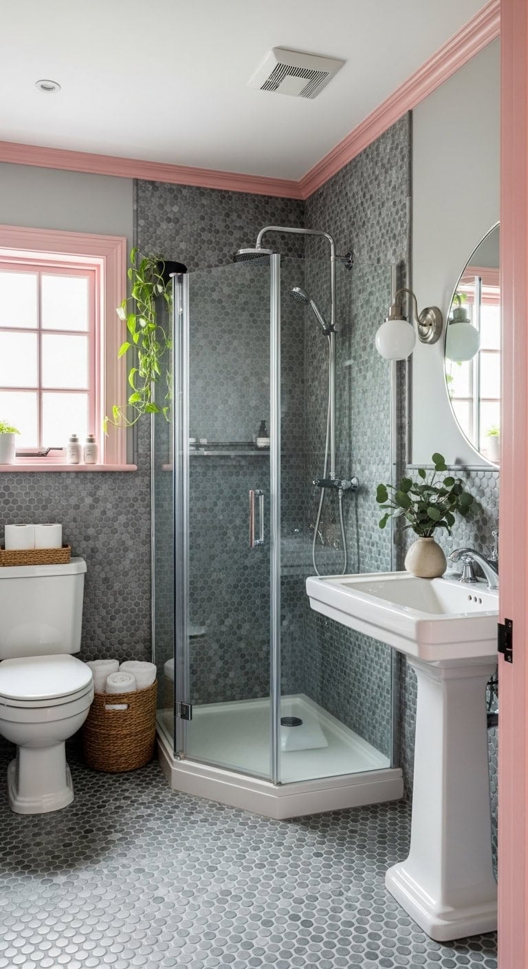 neutral tiles pink trim classic style