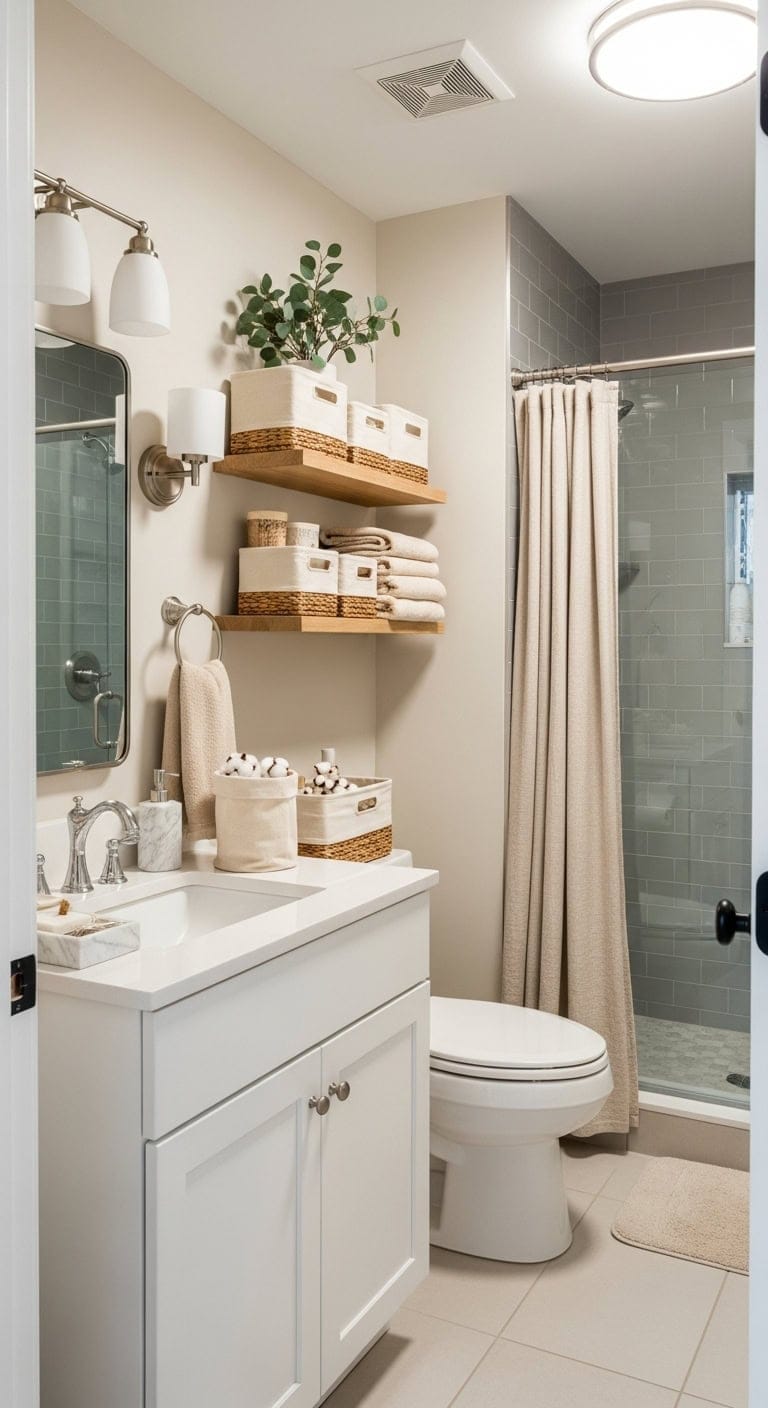 organized elegant neutral bathroom storage