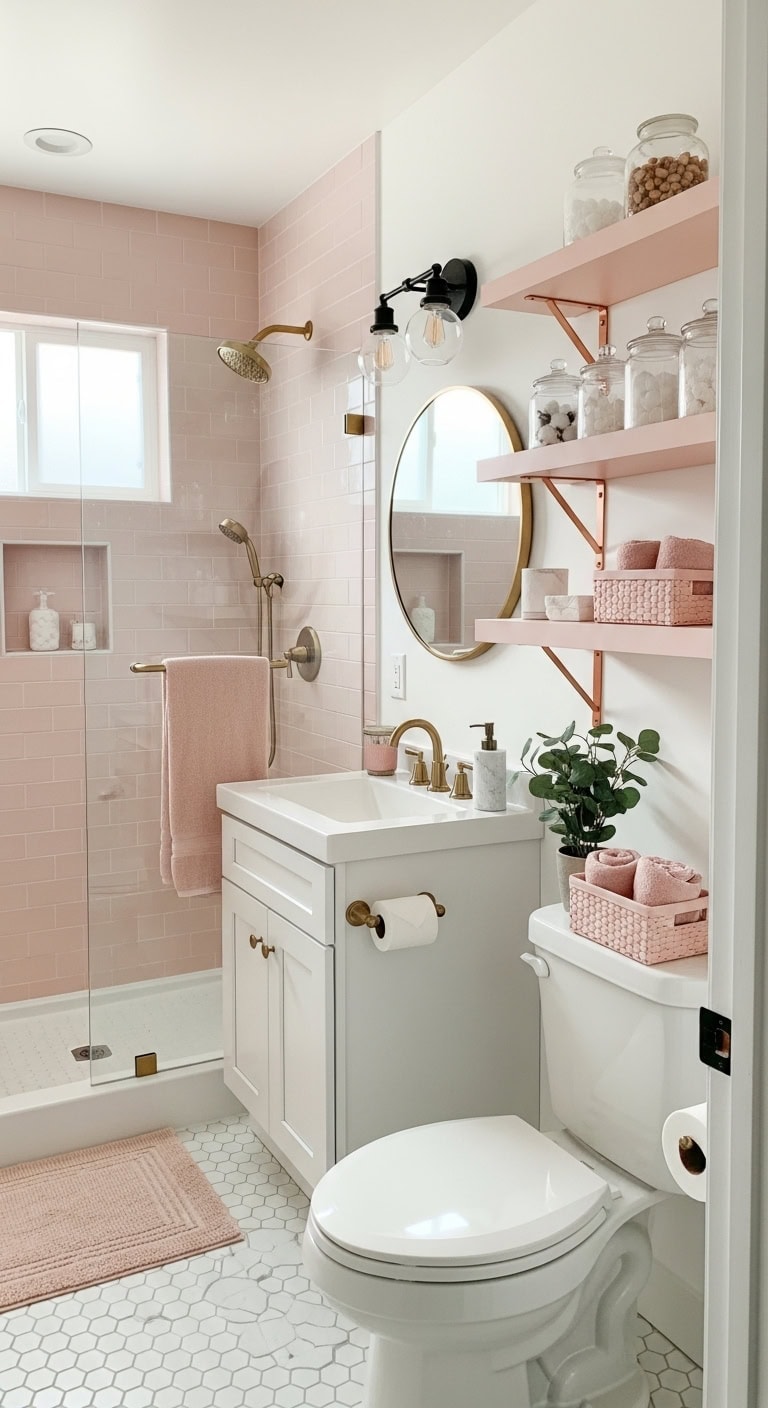 pale pink floating shelves for storage