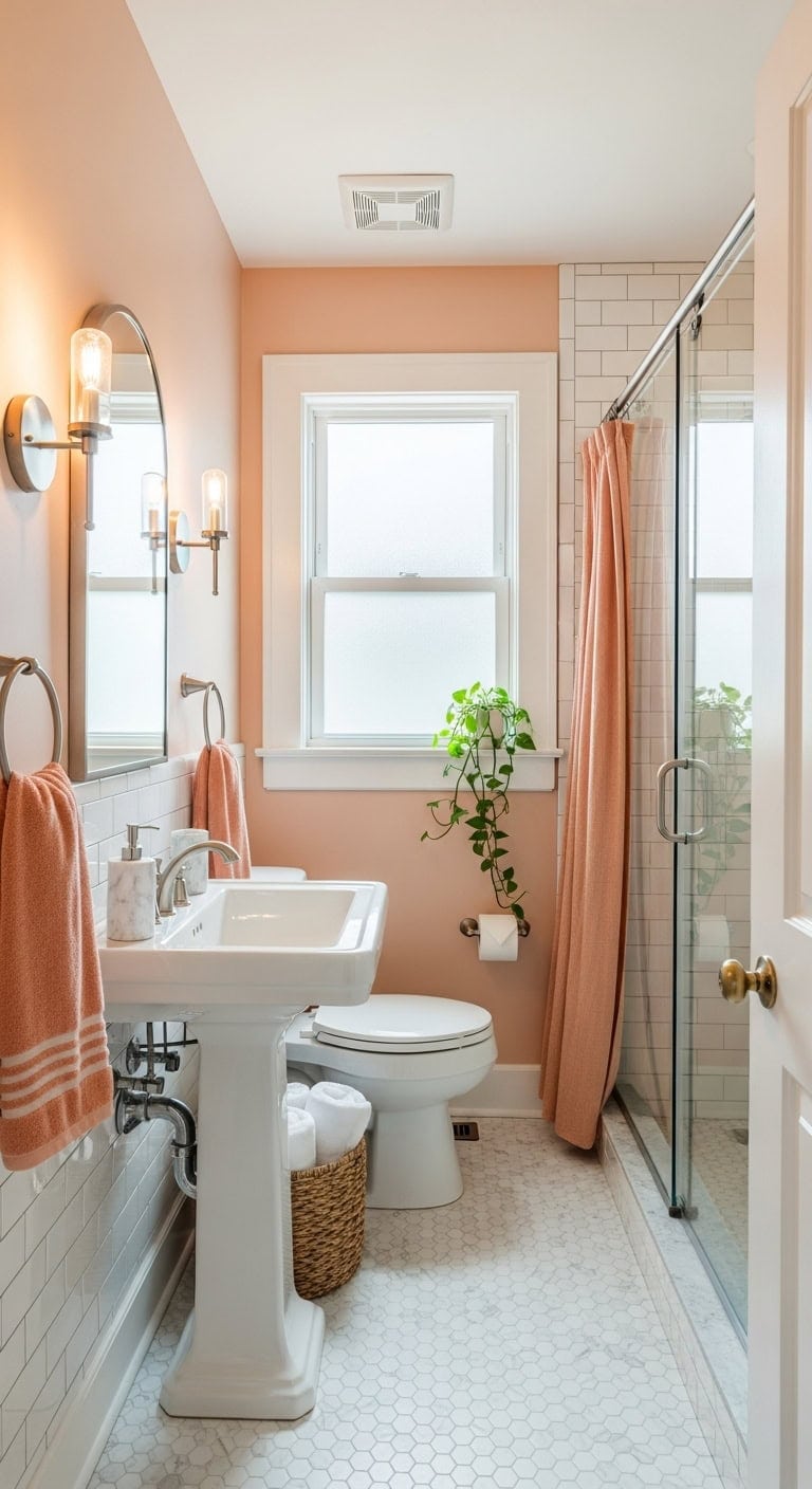 peach and white spa like bathroom