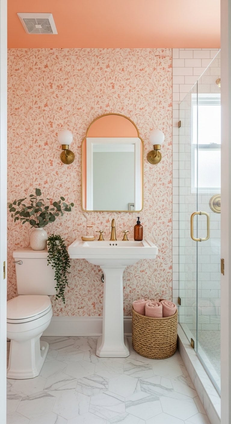 peach botanical wallpaper statement bathroom design