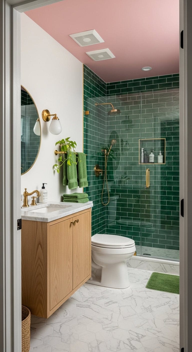 pink ceiling enhances green tiles