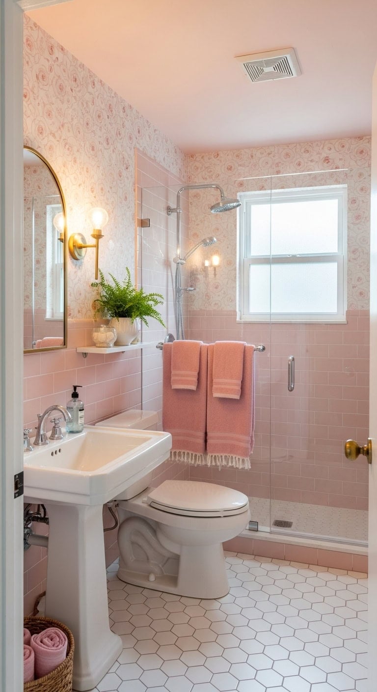 pink patterned wallpaper bathroom transformation
