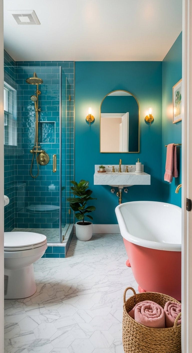 playful vintage inspired turquoise and salmon bathroom