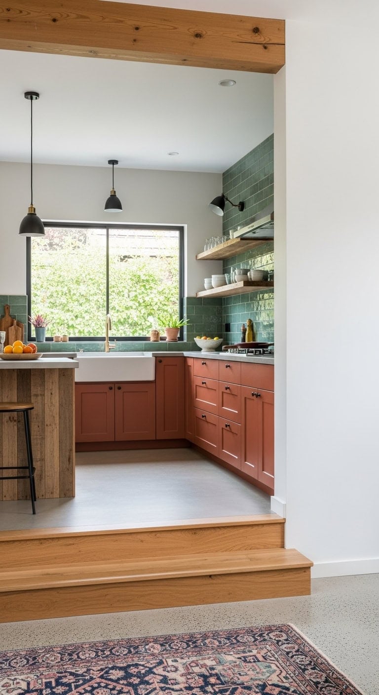 raised kitchen platform defines open concept