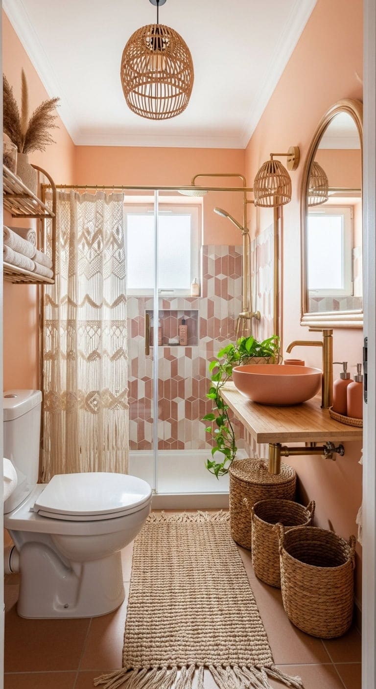 relaxed bohemian bathroom with natural textures