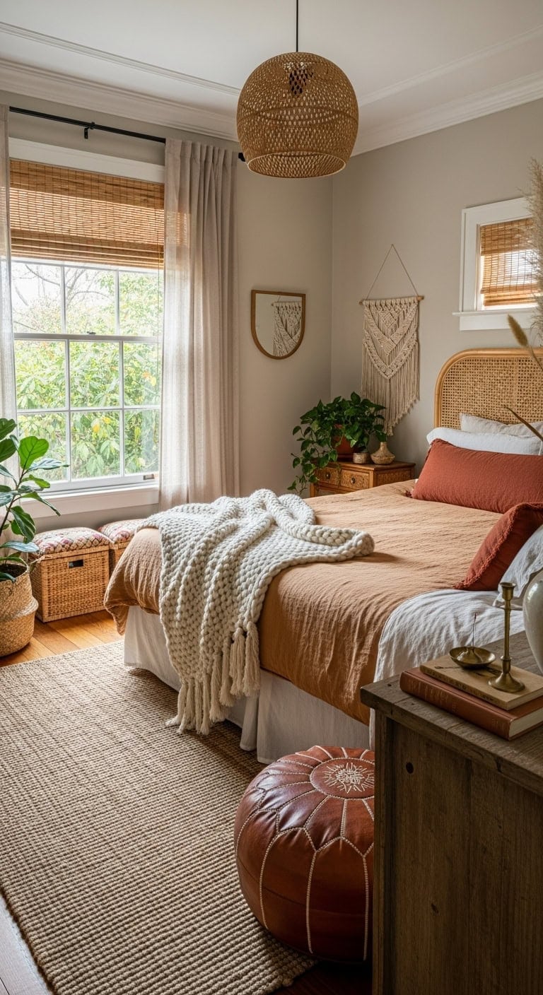 relaxed earthy bedroom with natural textures