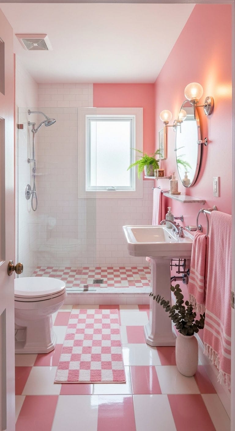 retro pink checkerboard bathroom transformation