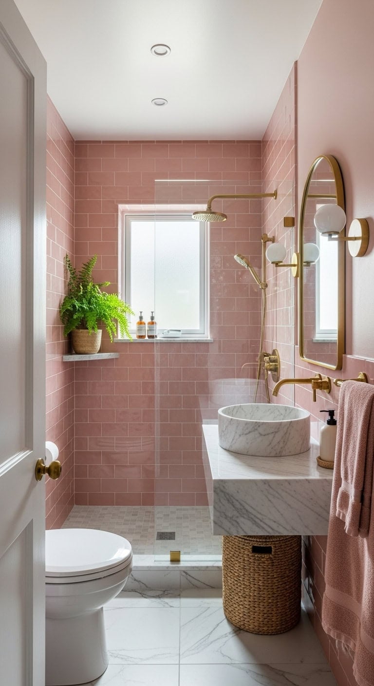 romantic dusty rose bathroom with marble