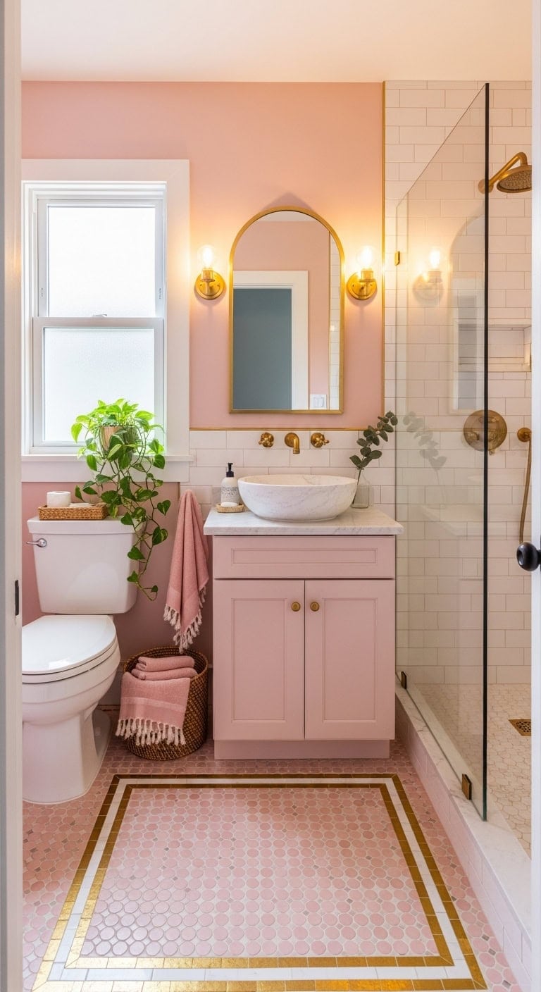 romantic vintage inspired bathroom with pink tiles
