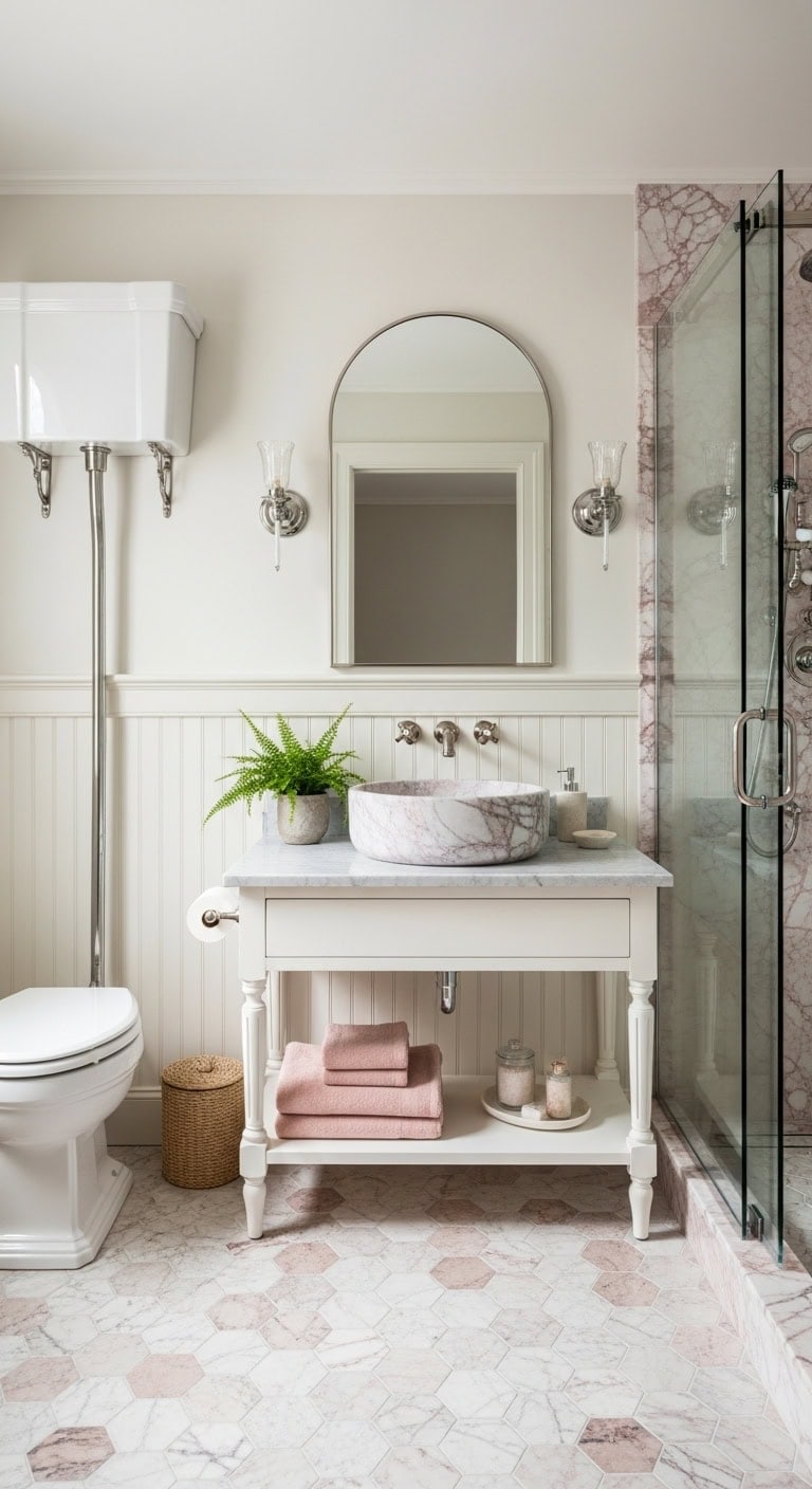 romantic vintage inspired marble infused master bath