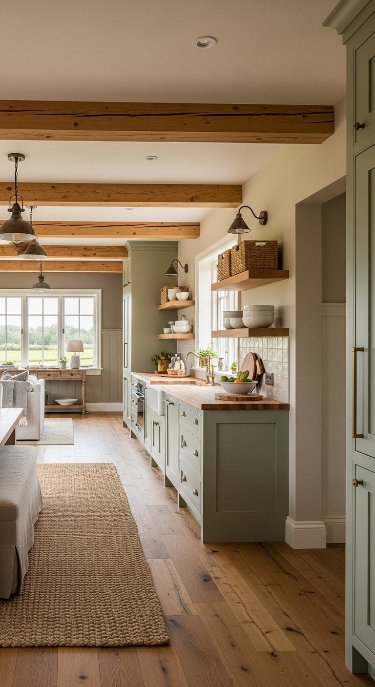 rustic farmhouse open concept with beams