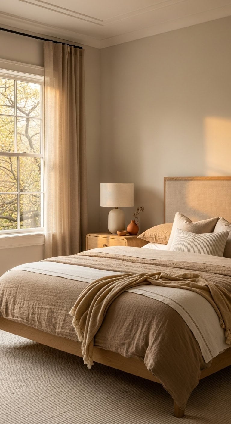 serene intentional minimalist beige bedroom