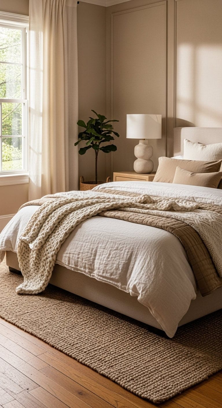 serene layered neutral toned bedding