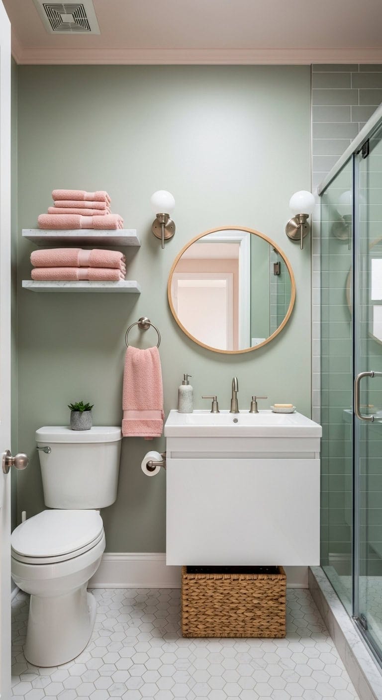 serene sophisticated green bathroom accented