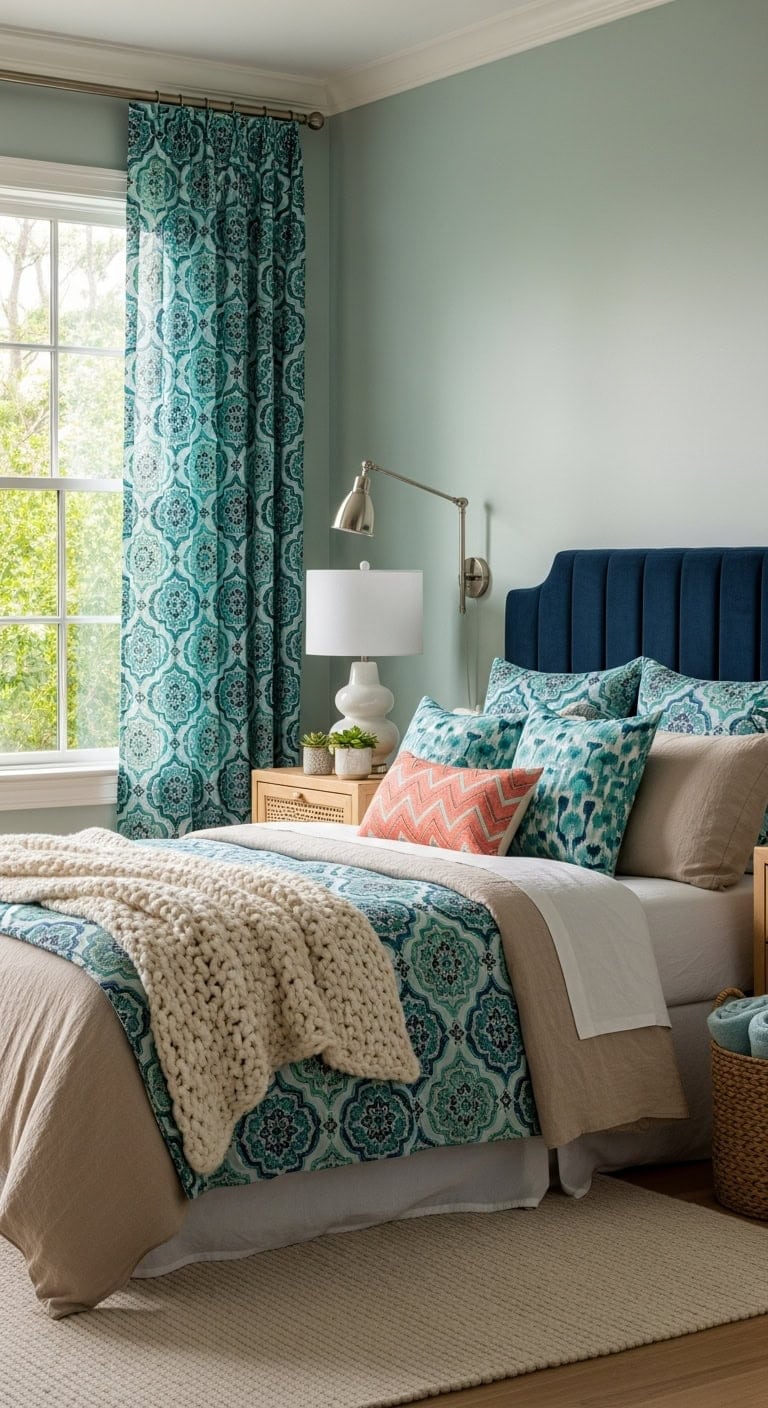 serene yet striking bedroom curtain display