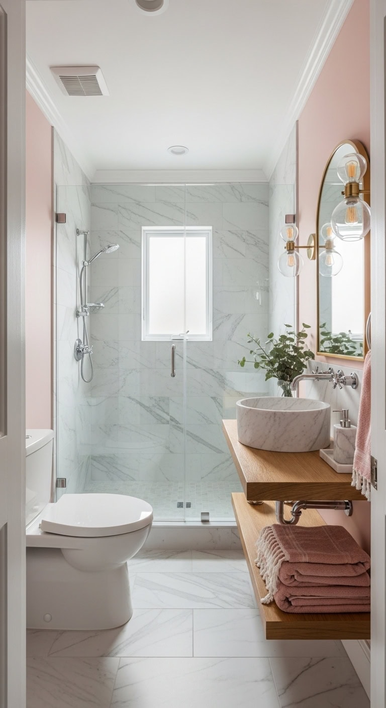 soft elegant marble and pink bathroom