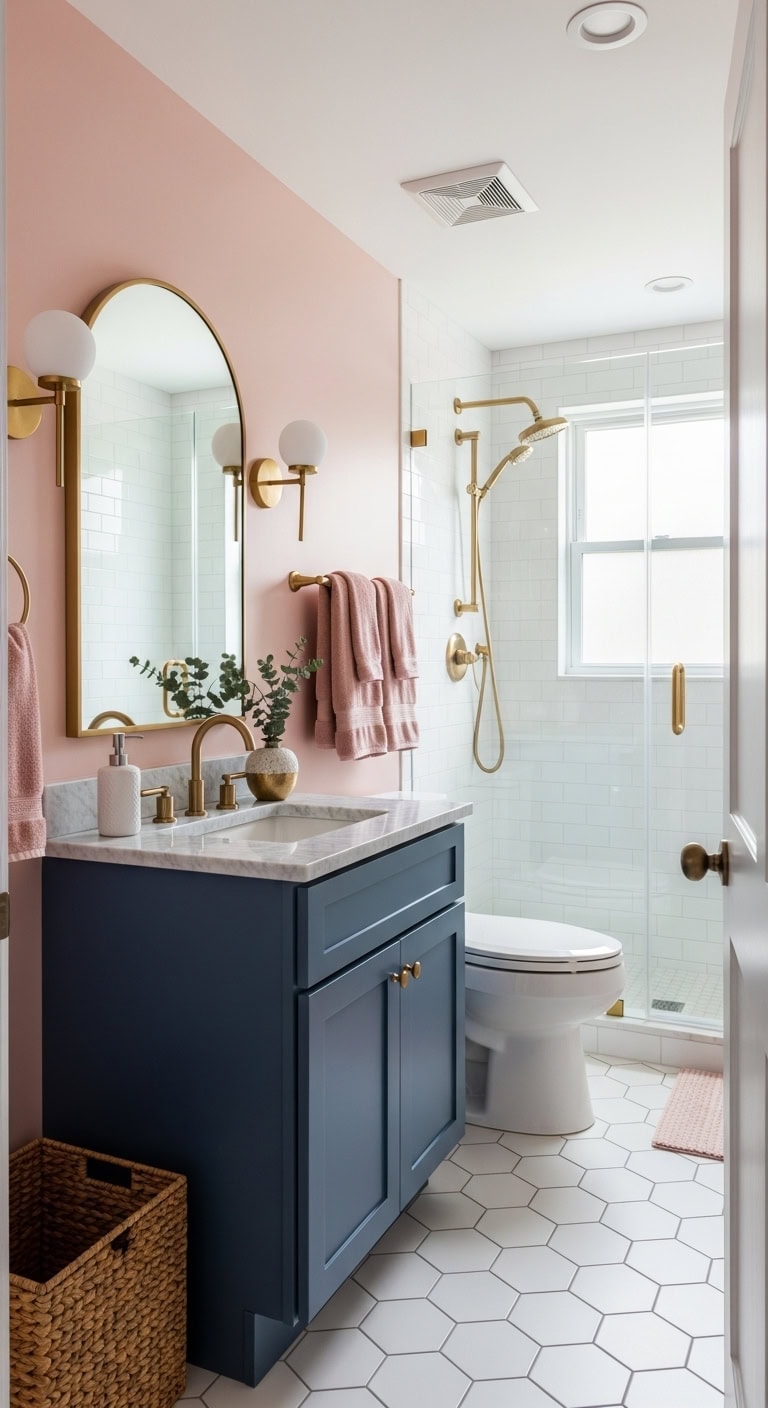 soft pink bathroom meets navy vanity