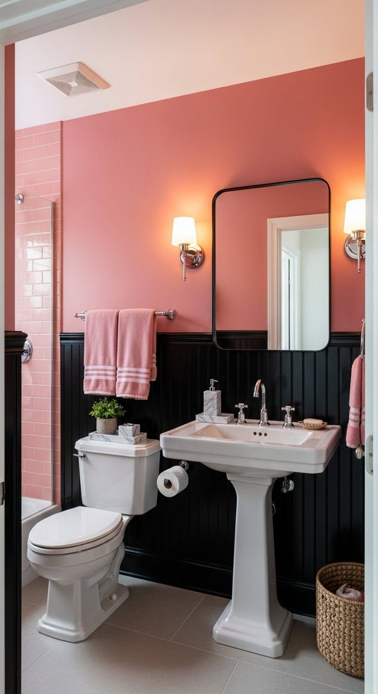 sophisticated bathroom with pink and black
