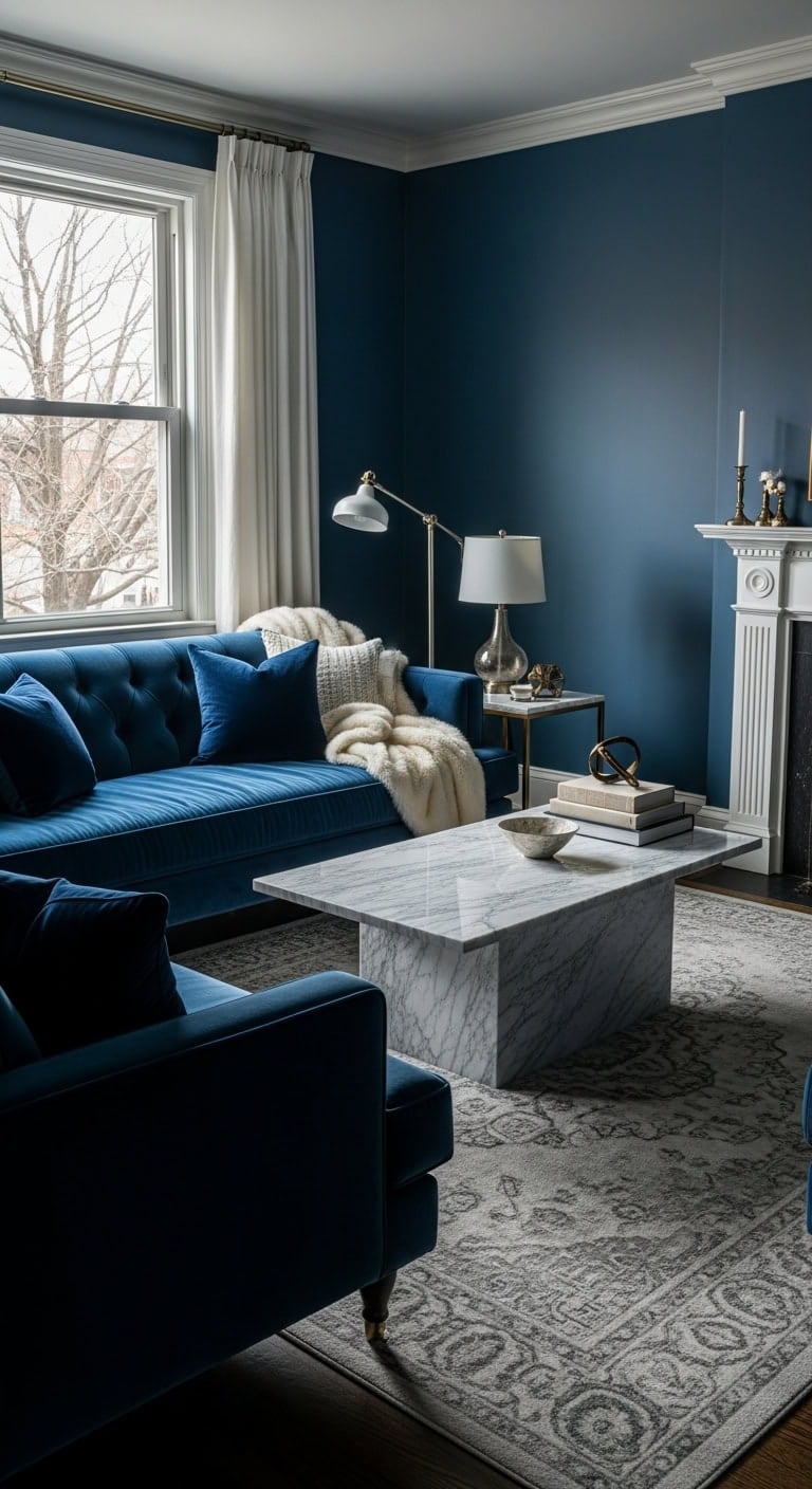 sophisticated blue walls marble accents