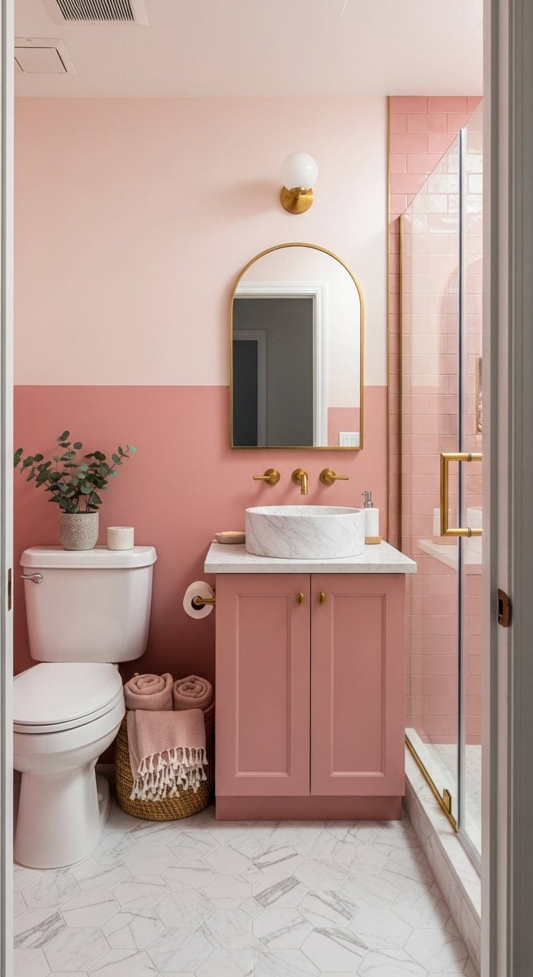 sophisticated color blocked bathroom transformation