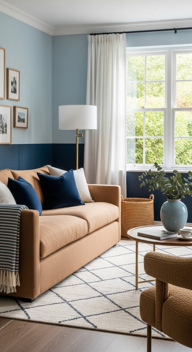 sophisticated color blocked living room design