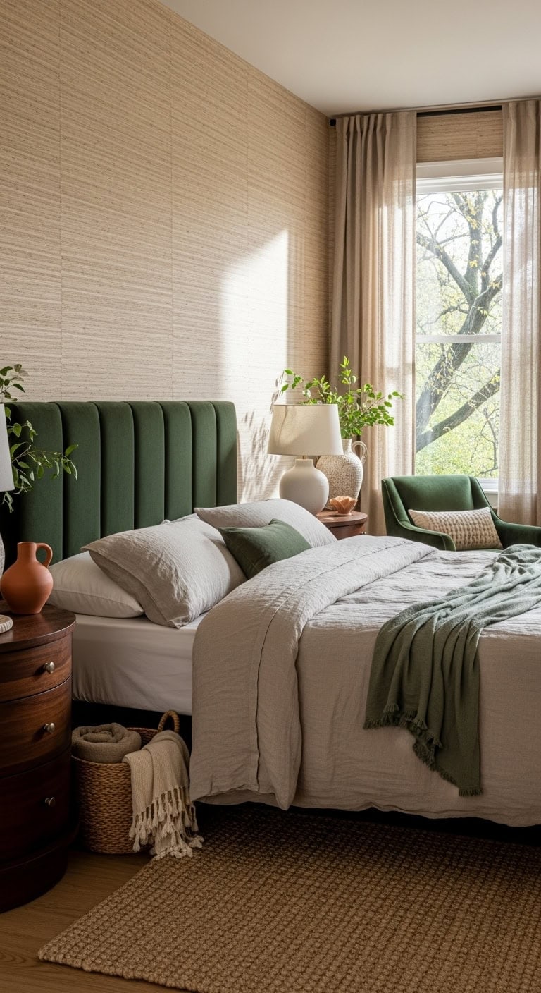 sophisticated cozy neutral jewel toned bedroom