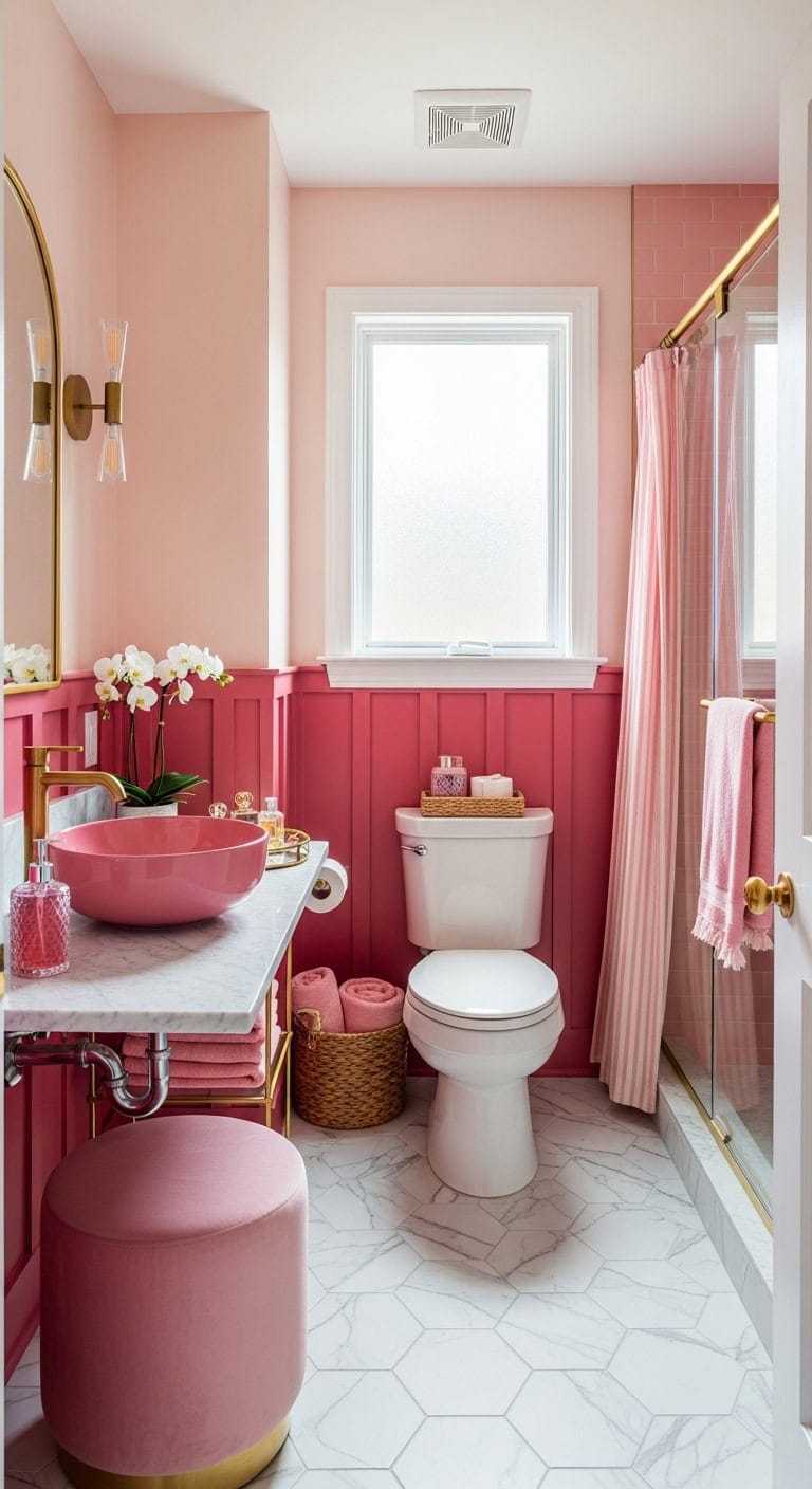 sophisticated dramatic two tone pink bathroom